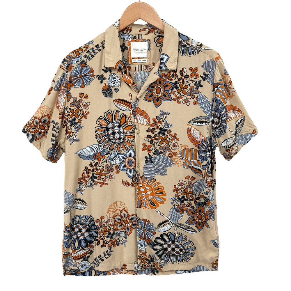 Denim & Flower Ricky Singh Floral Print Button Down Shirt Medium Men's Viscose